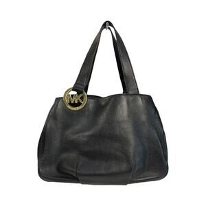 Michael Kors Black Pebbled Leather Tote Bag Gold MK Medallion Shoulder Purse